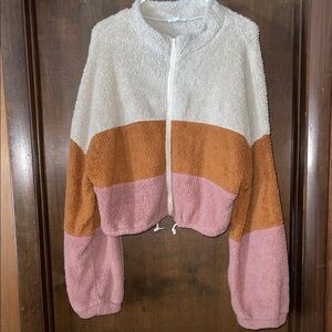 Colorblock Teddy Jacket - Cream, Tan, and Pink